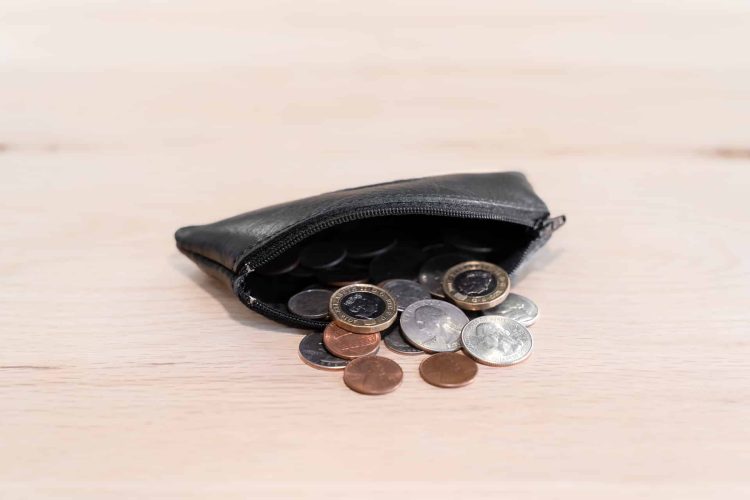 Black Leather Coin Purse with zipper open holding coins