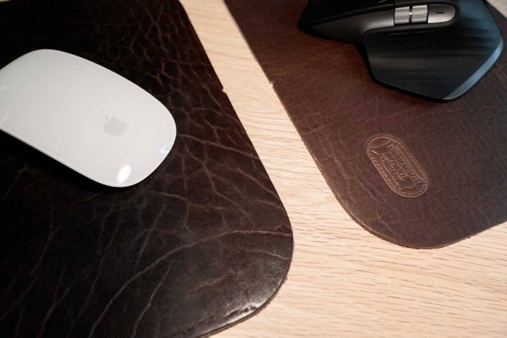 This mouse pad is handmade from strong American Bison Full Grain Leather.
