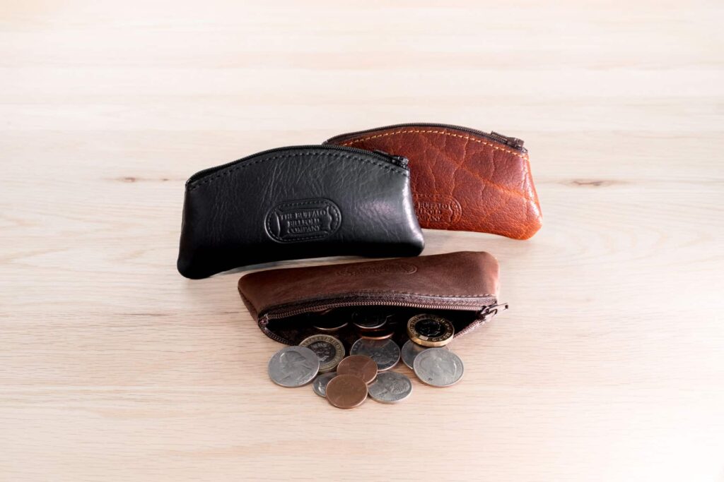 Leather Coin Purse with Zipper in black, brown, and red leather.