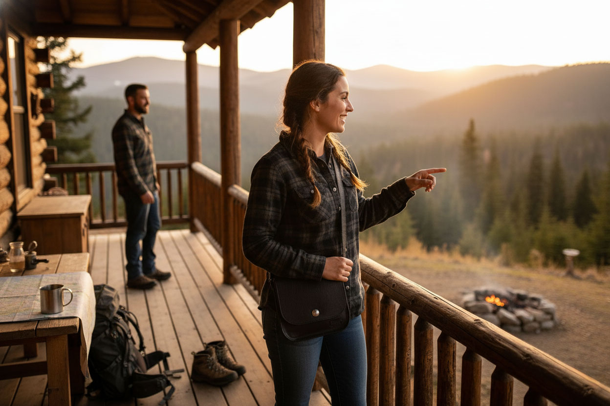 Woman Wearing The Bisonette Black Leather Crossbody Purse On A Cabin Porch Woman Wearing The Bisonette Black Leather Crossbody Purse On A Cabin Porch