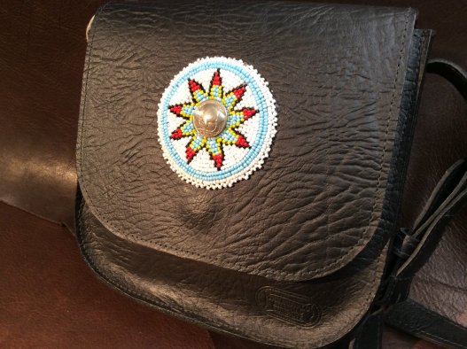Bisonette Buffalo Leather Purse - Buffalo Nickel with Blue and White Beadwork