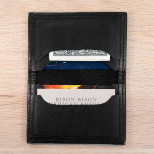 Four card pockets on the inside of the black bifold leather card holder