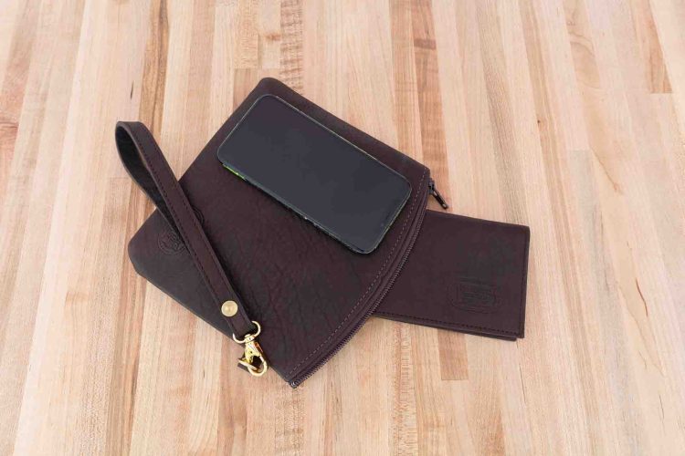 Brown Buffalo Leather Wristlet Pouch - Wrist Bag - Made in USA