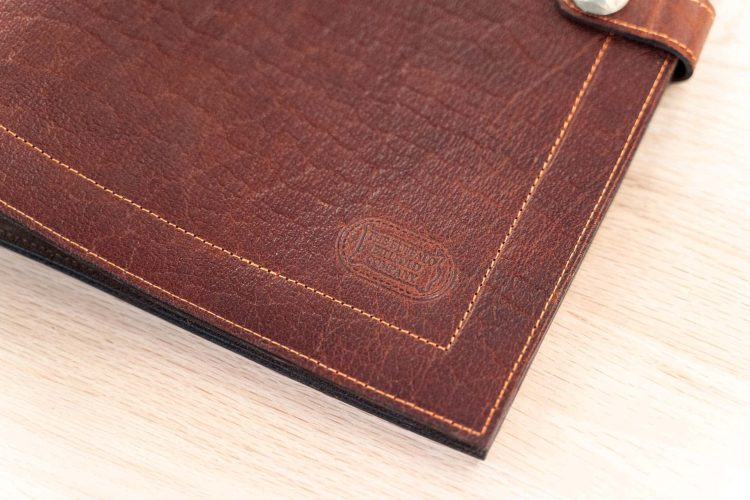 Authentic Buffalo Billfold Company Logo shows this leather 3 ring binder is Made in USA