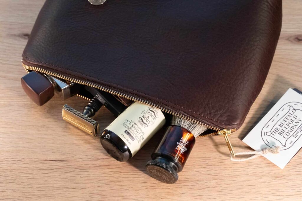 Leather Dopp Kit holding mens toiletry items