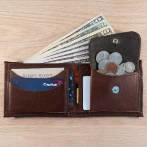Mens Leather Bifold Wallet with Coin Pocket holding coins