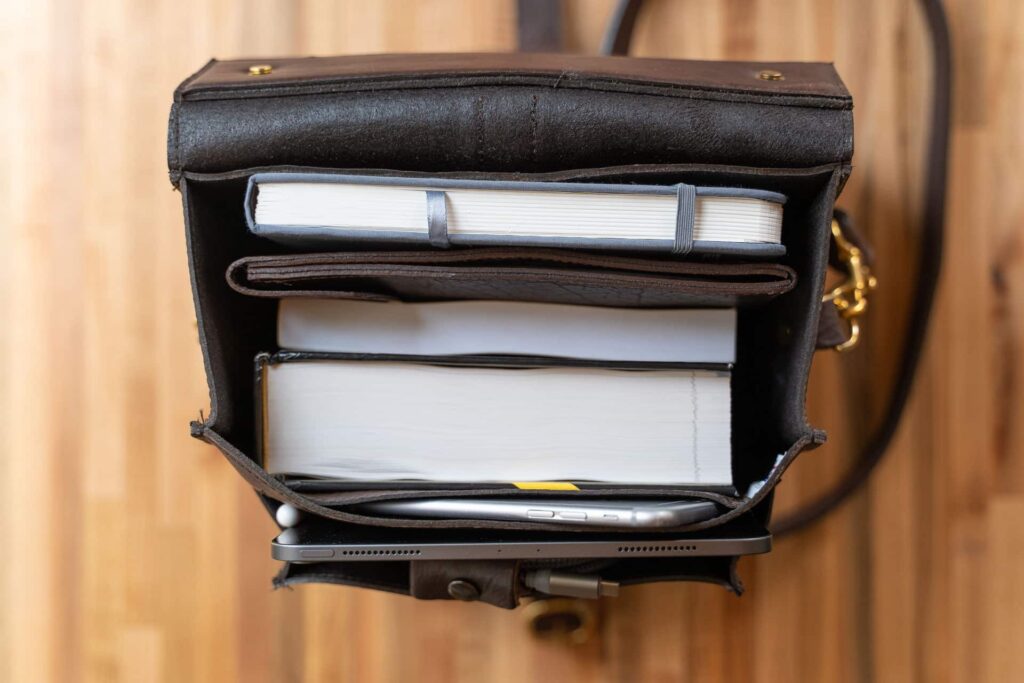 Leather Expedition Bag filled with gear