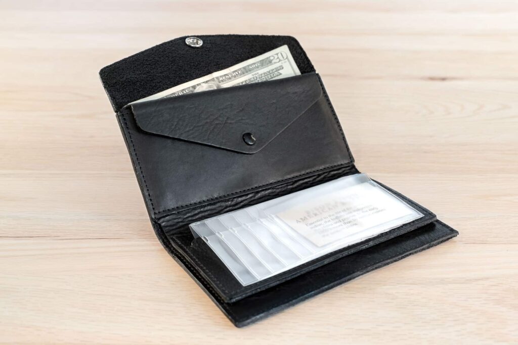 Credit Card Holder inside our black leather Women's Envelope Clutch
