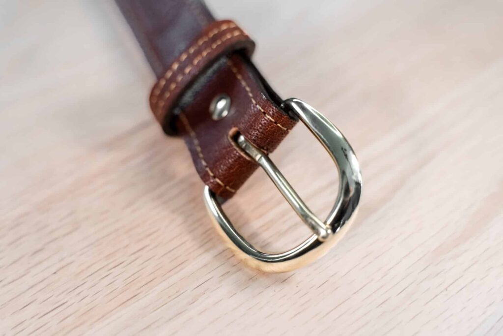 Brass Buckle on Mens Red Leather Belt