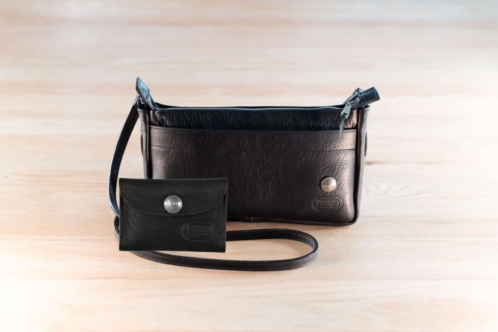 Leather Crossbody Purse and Mini Clutch Wallet Set - Black - Made in USA