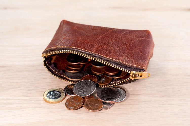 Coins inside this red leather coin case with zipper