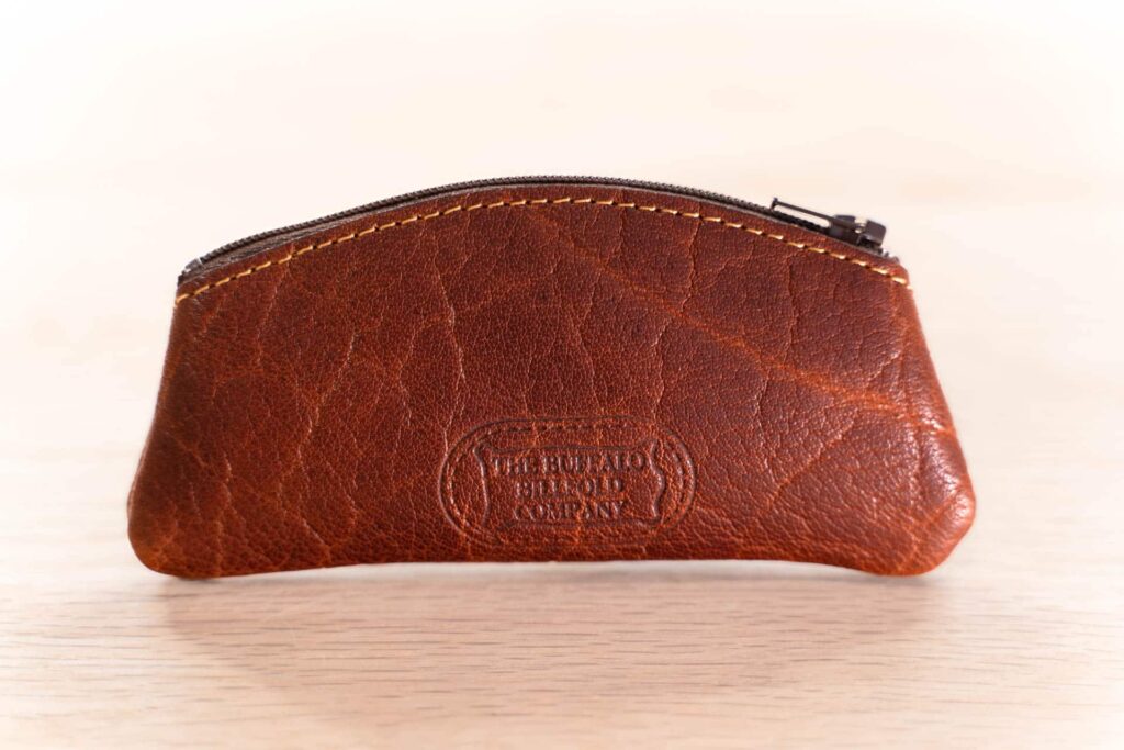 Red Leather Coin Purse with Golden Stitching