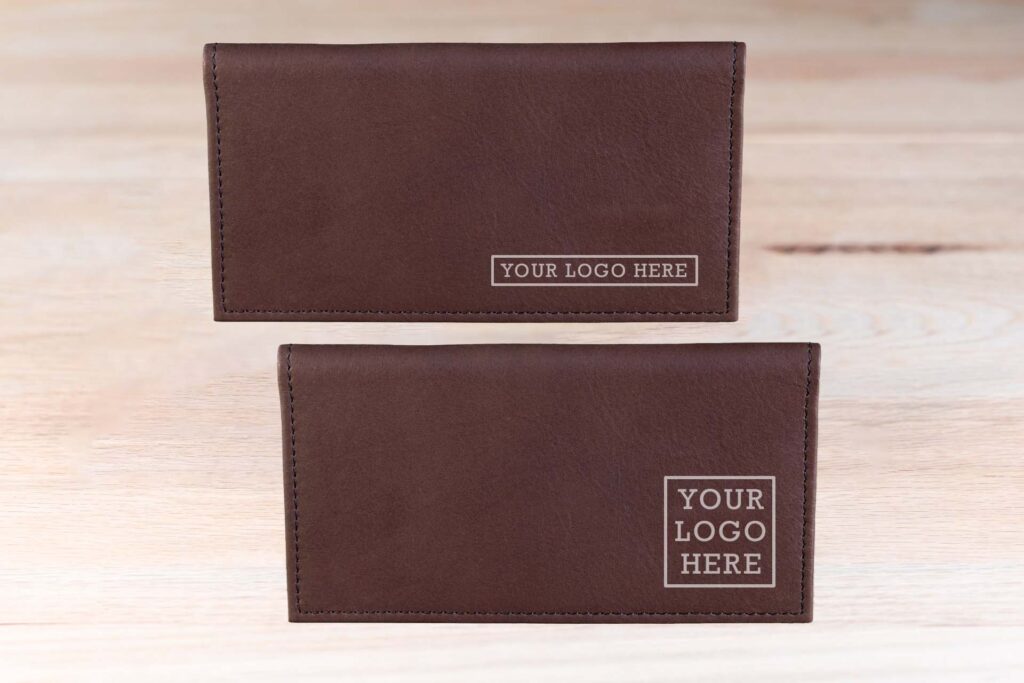 Custom sized logo debossed on leather checkbook cover