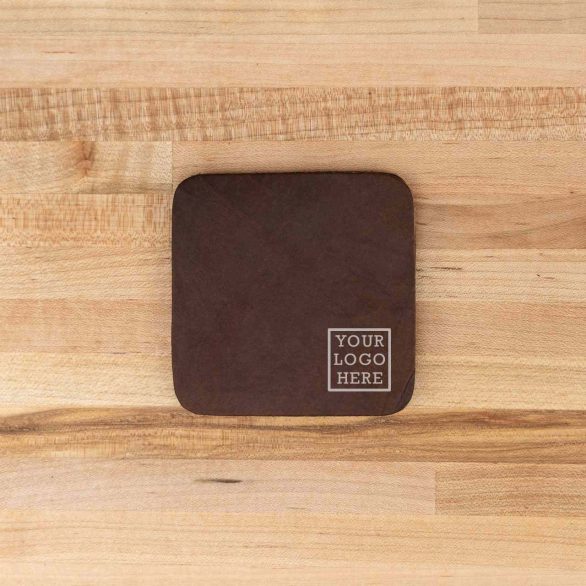 Debossed custom logo on each square leather coaster.