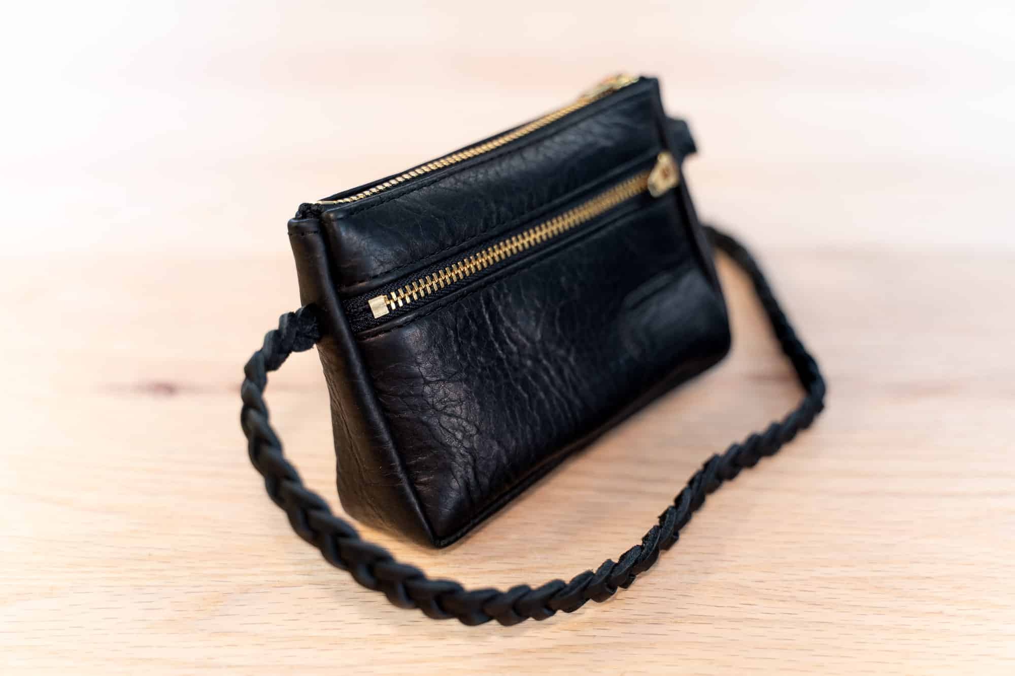 Small Zipper Bag with Braided Leather Strap - Brown