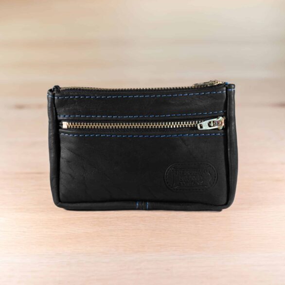 Small Black Leather Pouch - Cobalt Blue Thread - Made USA