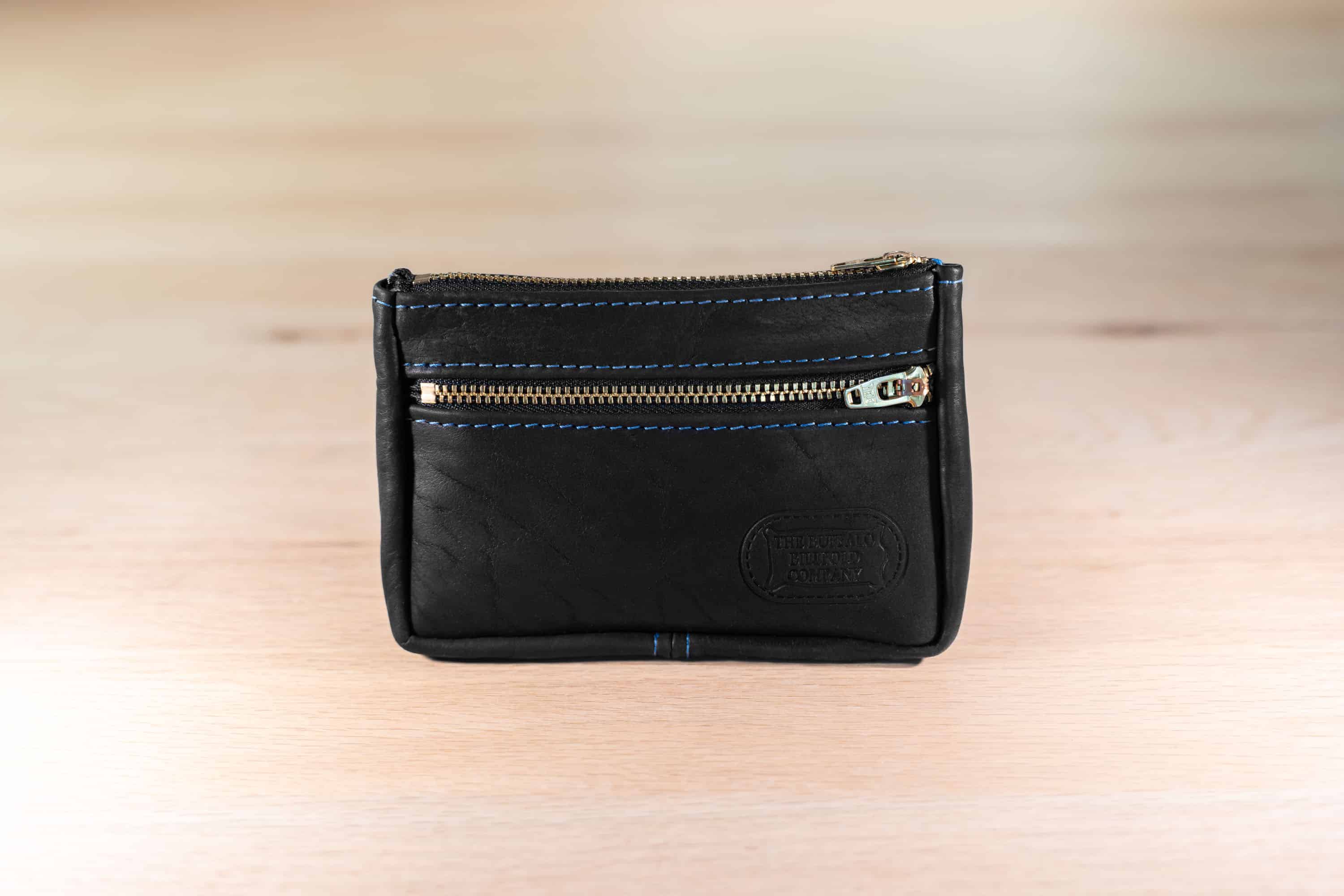 Small Black Leather Pouch - Cobalt Blue Thread - Made Usa Small Black Leather Pouch - Cobalt Blue Thread - Made Usa