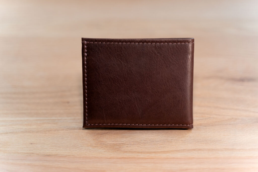 The back of the brown leather bifold ID wallet showing the quality full grain leather.