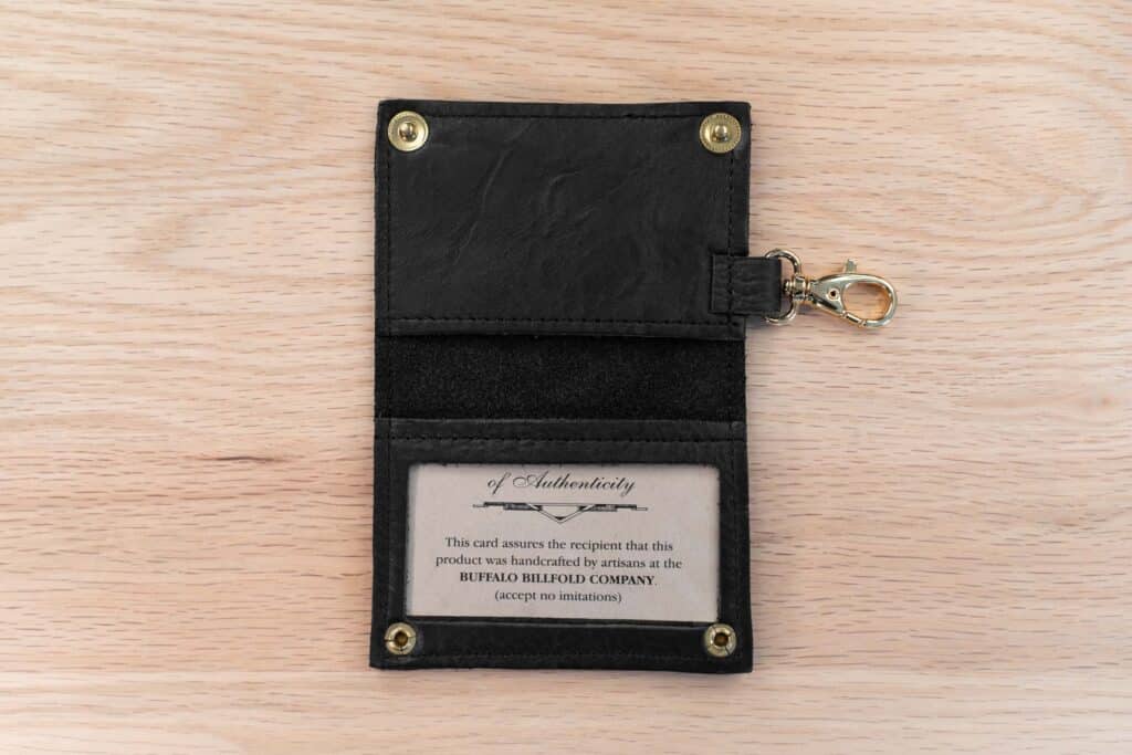 Black Leather Luggage Tag Featuring An Id Card Window, Two Brass Snaps, And Brass Clip, And An Extra Interior Leather Pocket
