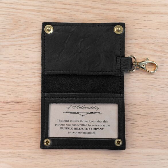 Black Leather Luggage Tag featuring an ID Card Window, Two Brass Snaps, and Brass Clip, and an extra interior leather pocket