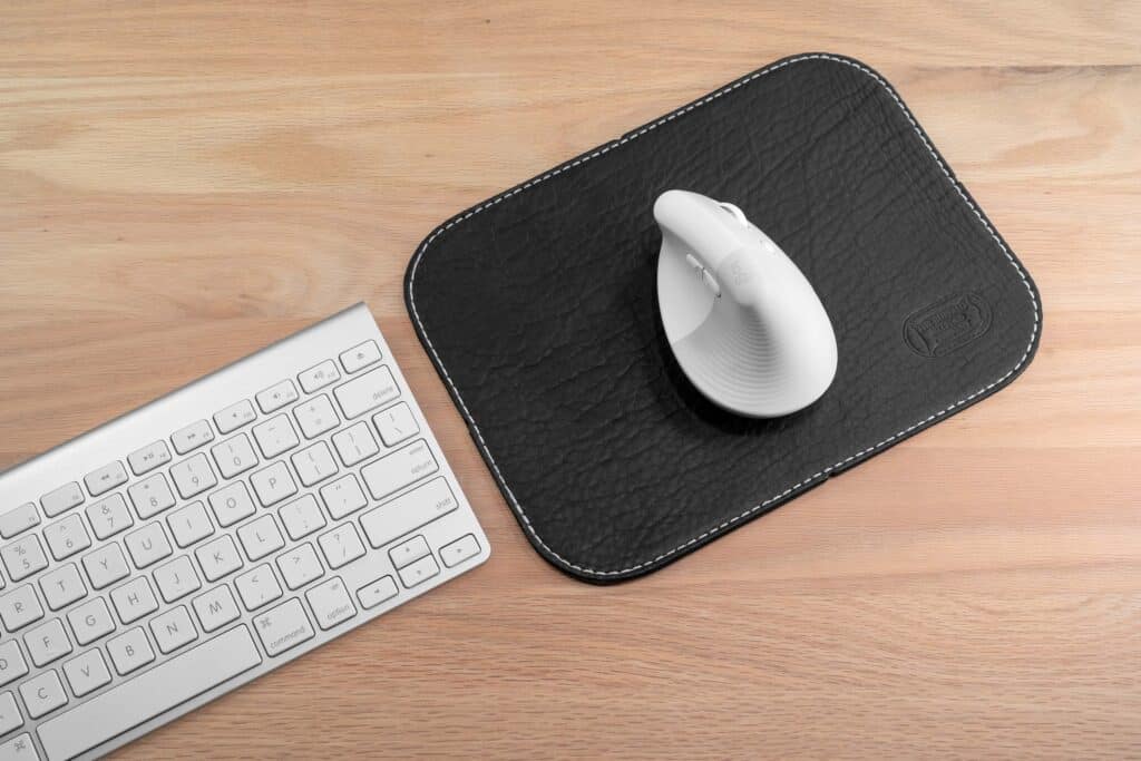 Black Full Grain Leather Mouse Pad Stitched With Black Suede Backing