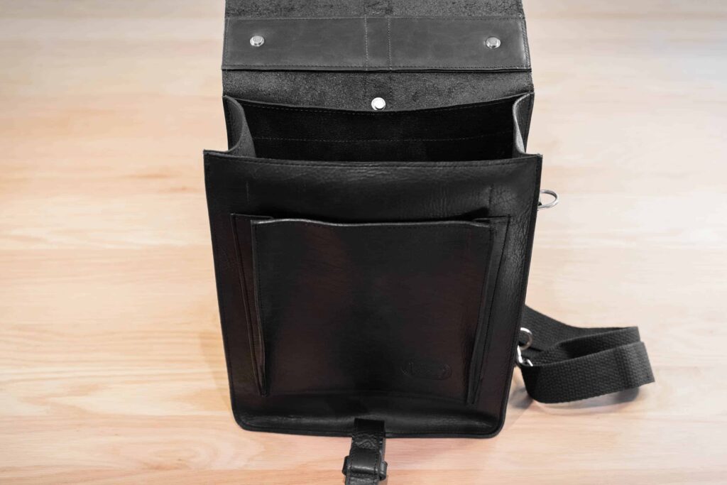 Black Full Grain Leather Backpack Opened Up And Empty