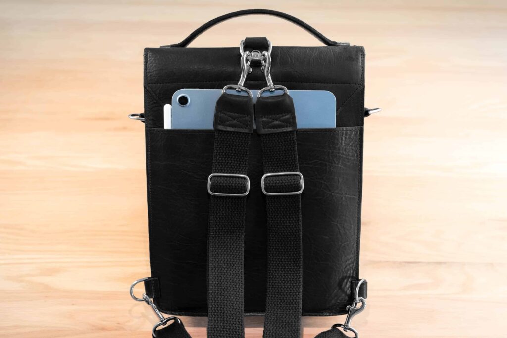 Back Of The Black Leather Backpack With Ipad In Exterior Pocket Back Of The Black Leather Backpack With Ipad In Exterior Pocket