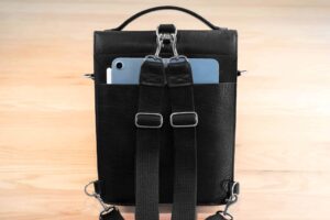 Back Of The Black Leather Backpack With Ipad In Exterior Pocket