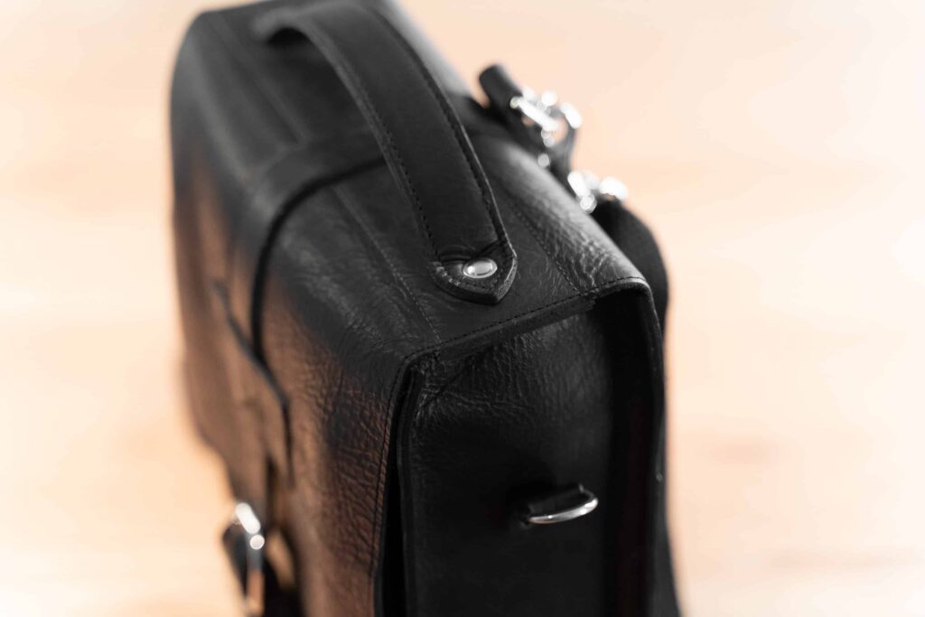Nickel Plated Brass Hardware On Black Leather Backpack