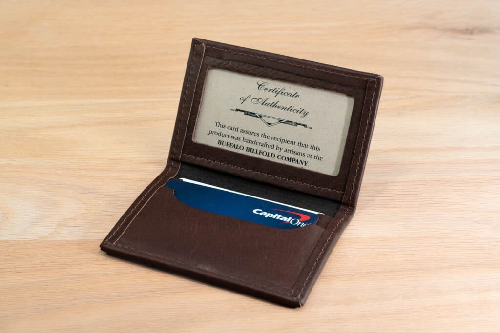 Leather Bifold Card Holder With Id Window - Brown Bison Leather - Made In Usa