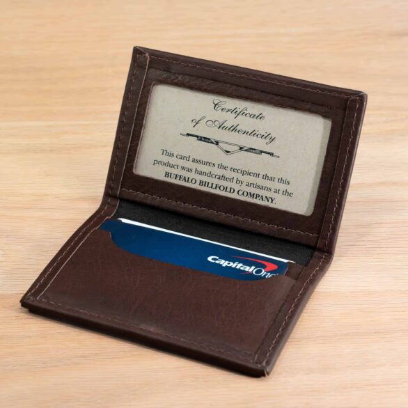 Leather Bifold Card Holder with ID Window - Brown Bison Leather - Made in USA