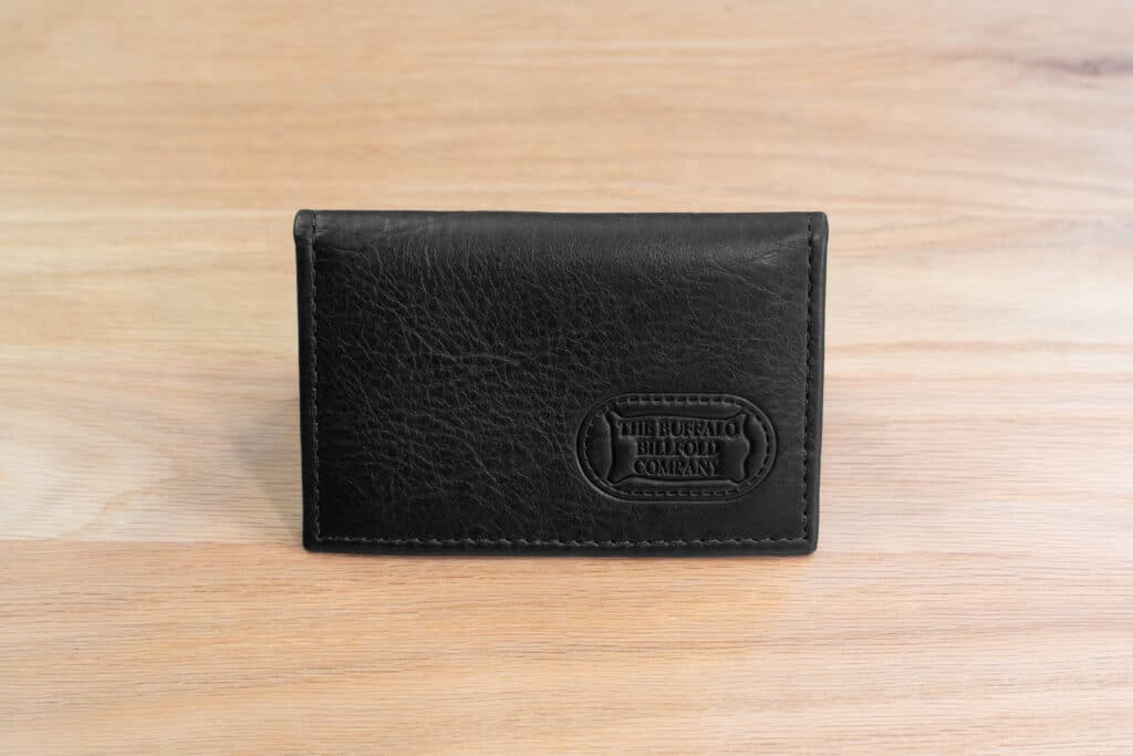 Front Of The Black Bifold Leather Card Holder With Id Window