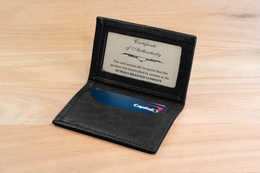 Leather Bifold Card Holder With Id Window - Black Bison Leather - Made In Usa