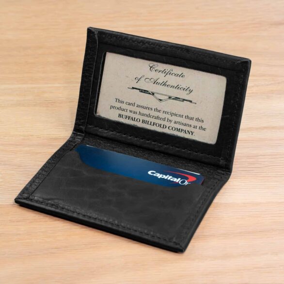 Leather Bifold Card Holder with ID Window - Black Bison Leather - Made in USA