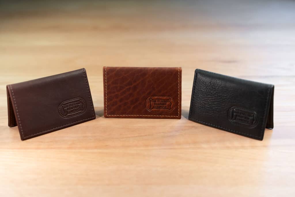 Bifold Leather Card Holder With Id Window Made In Usa From Brown, American Chestnut And Black American Bison, Full-Grain Leather.
