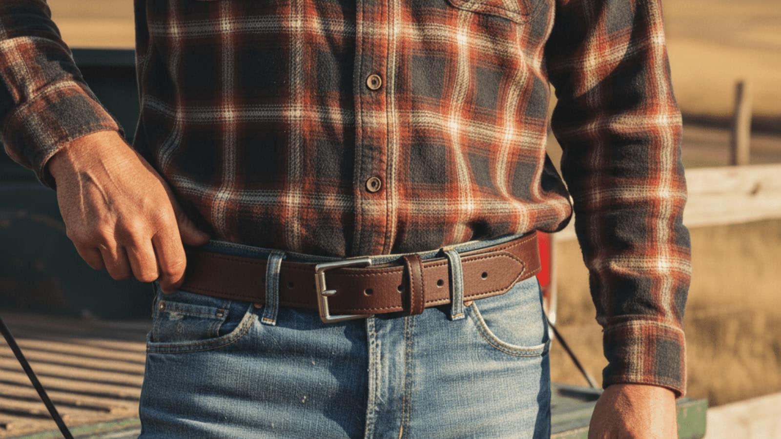 Man In Flannel Shirt Wearing A Brown Bison Leather Belt