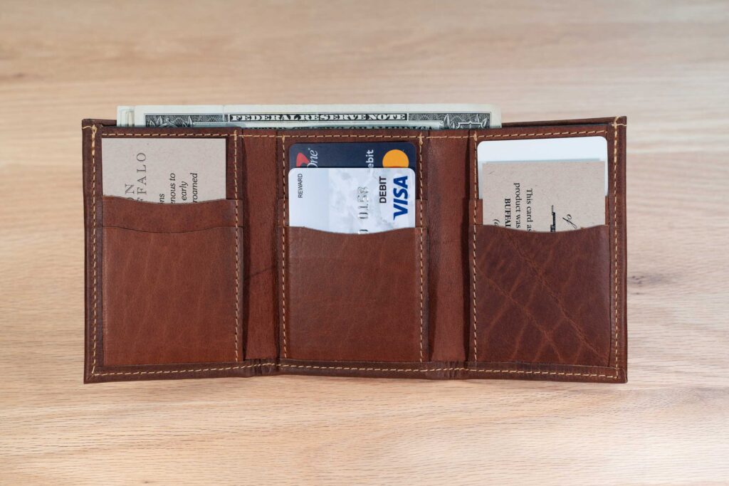 Mens Leather Trifold Wallet - Vertical Pockets - American Chestnut Full Grain Leather