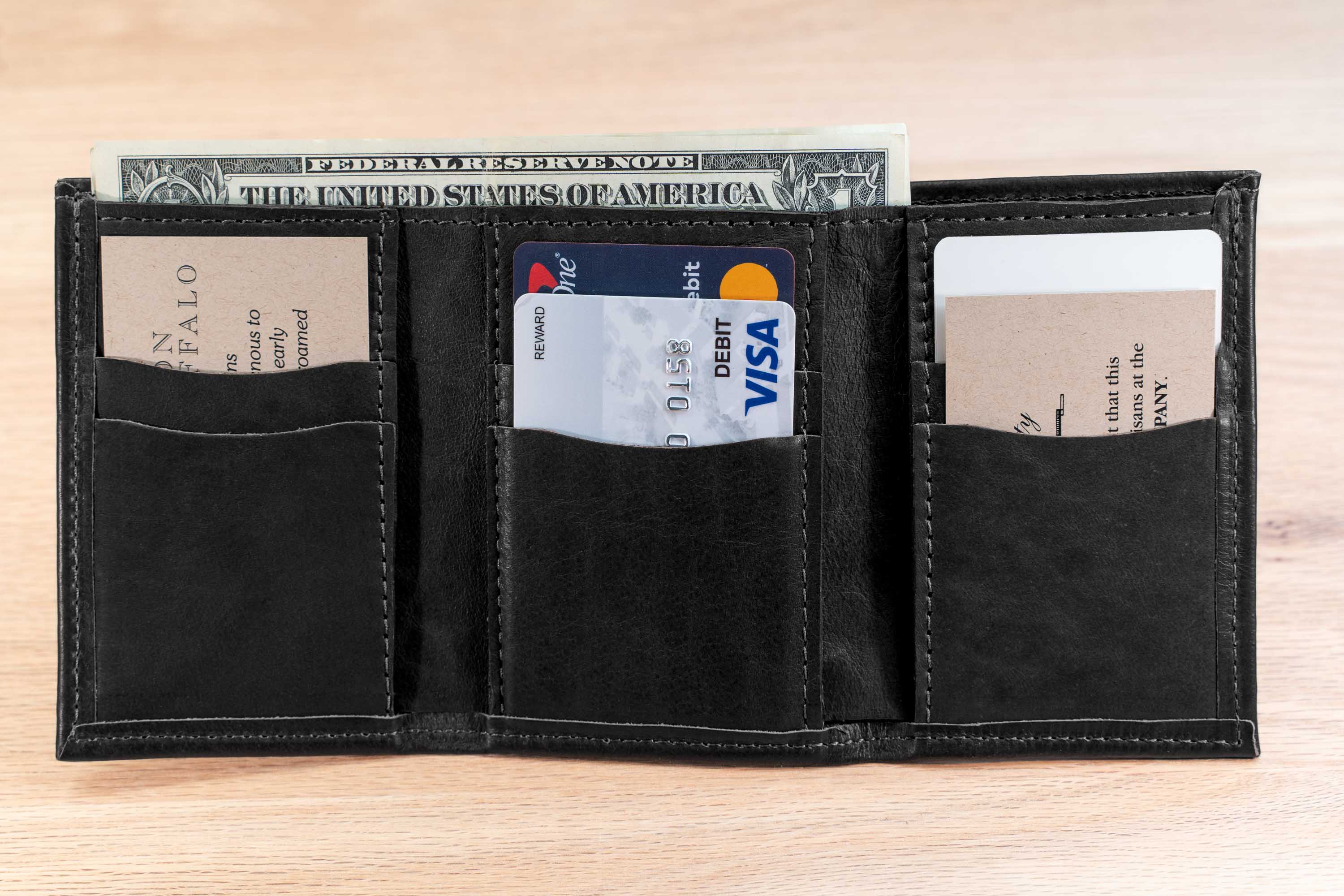 Mens Leather Trifold Wallet - Vertical Pockets - Black Full Grain American Bison Leather Mens Leather Trifold Wallet - Vertical Pockets - Black Full Grain American Bison Leather