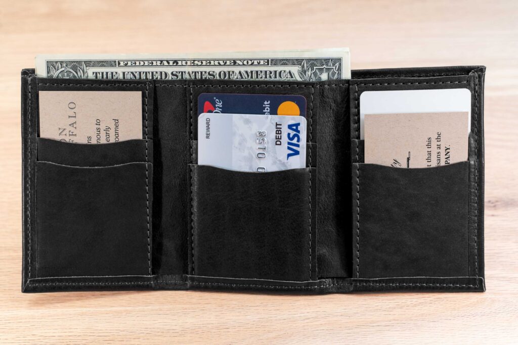 Mens Leather Trifold Wallet - Vertical Pockets - Black Full Grain Leather