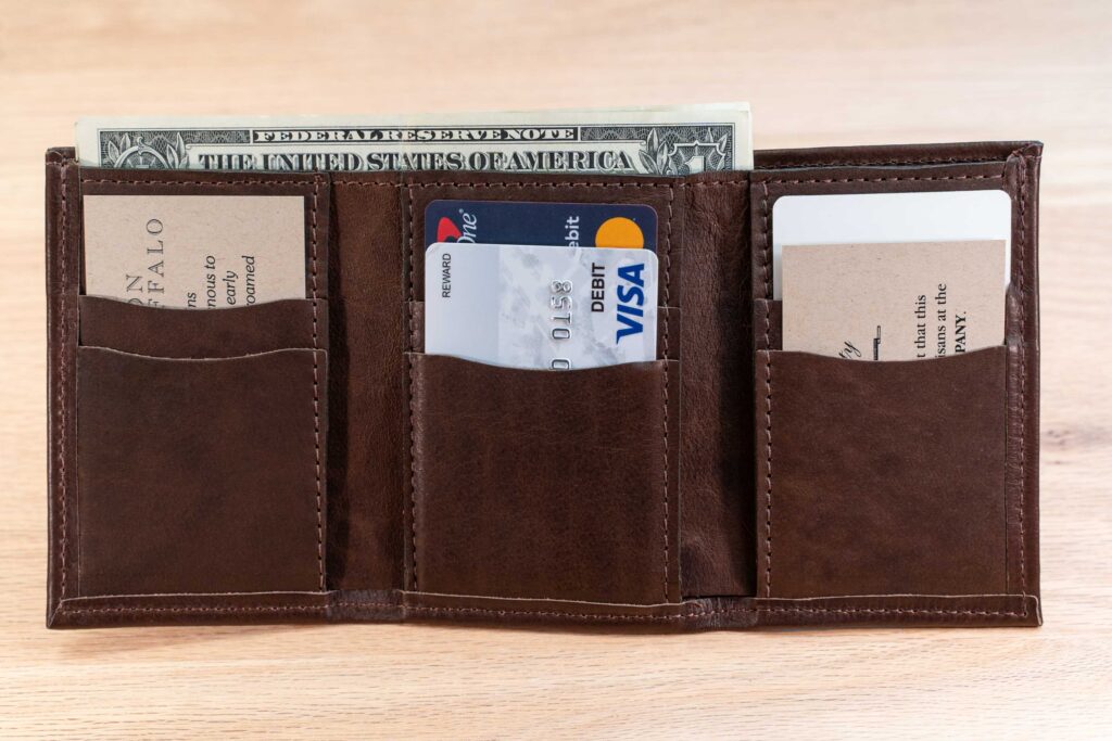 Mens Leather Trifold Wallet - Vertical Pockets - Brown Full Grain Leather