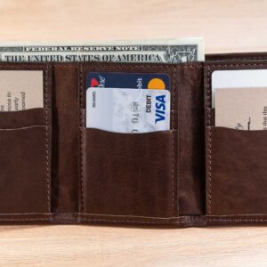 Mens Leather Trifold Wallet - Vertical Pockets - Brown Full Grain Leather