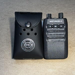 Motorola Minitor 7 Pager to the right of the Black Leather Pager Case