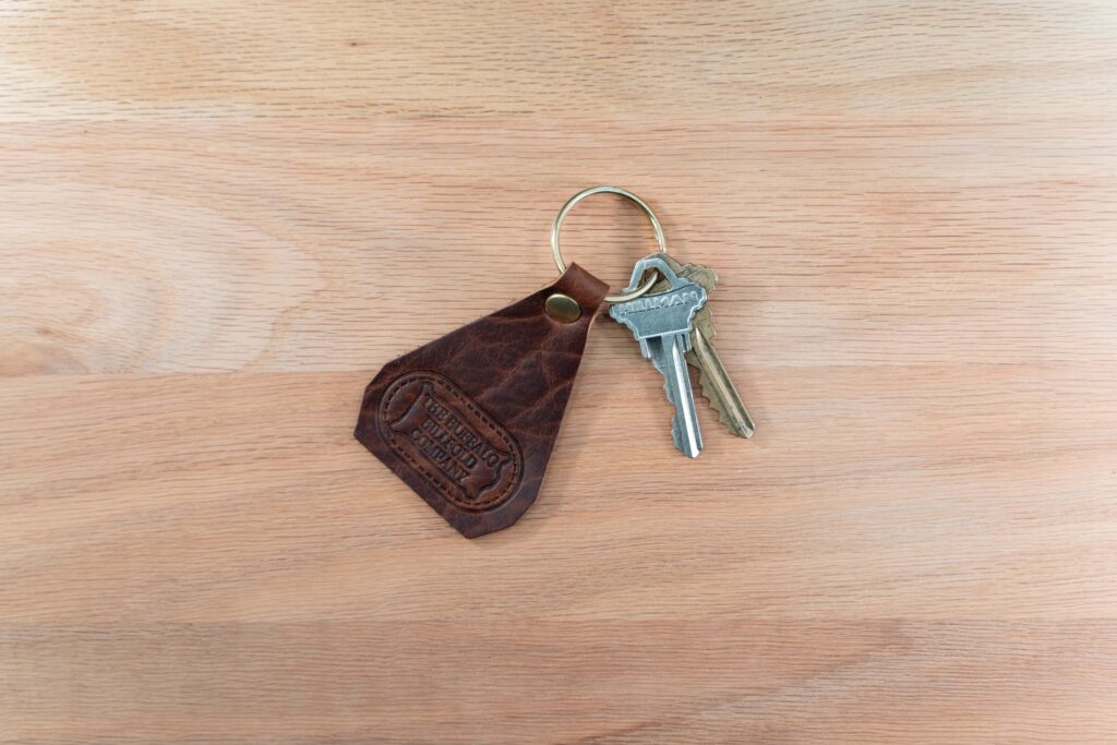 Bison Leather Key Chain - Tear Drop Shape - American Chestnut Red - Made In Usa Bison Leather Key Chain - Tear Drop Shape - American Chestnut Red - Made In Usa