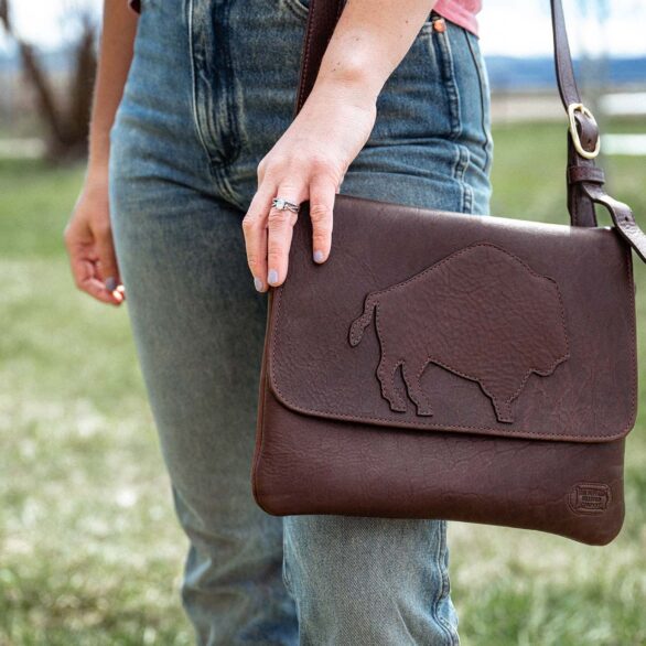 Crossbody Bison Leather Purse - Brown - Bison Appliqué - Made in USA